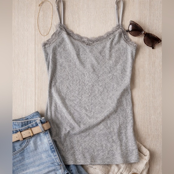 Faded Glory Other - Faded Glory Gray Ribbed Lace Trim Cami Tank Top XL Stretch Cotton